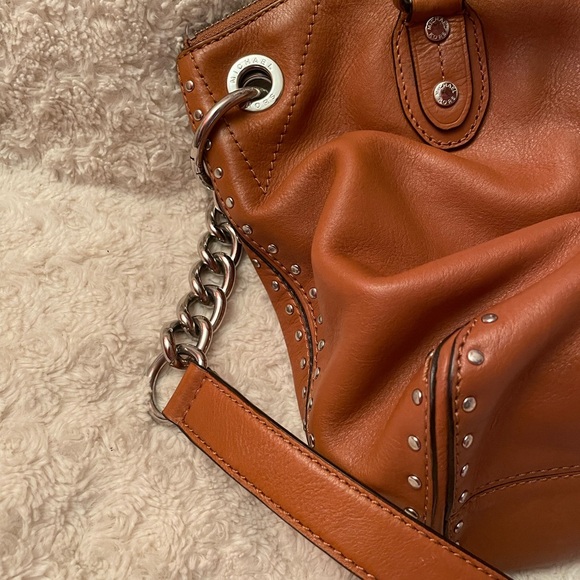 Michael Kors Uptown Astor Studded Leather Satchel/Tote 2 handles 1 Strap Camel - Picture 9 of 10